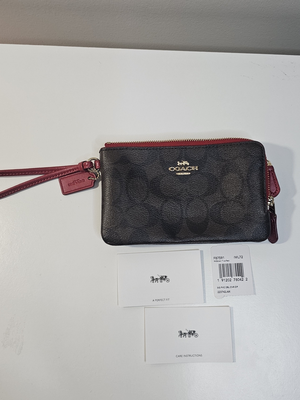 Coach Black Signature Double-Zip Wristlet with Red Accents